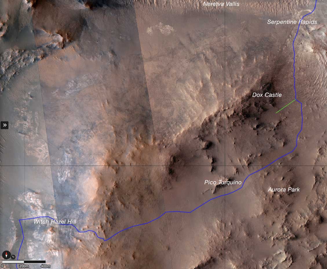 This map shows the route NASA’s Perseverance Mars rover will take (in blue) as it climbs the western rim of Jezero Crater, first reaching “Dox Castle,” then investigating the “Pico Turquino” area before approaching “Witch Hazel Hill.”