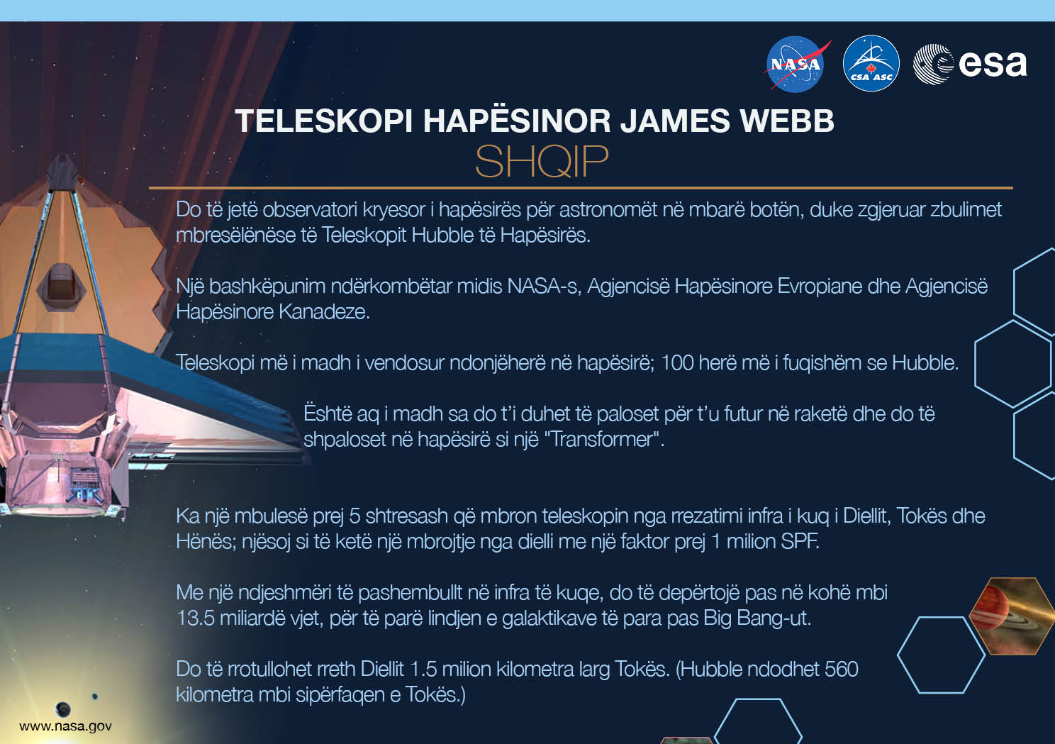 Image containing key facts about the James Webb Space Telescope with the entire image written in the Albanian language. The image has a title equivalent to "JAMES WEBB SPACE TELESCOPE" with a subtitle of the language that it is written. The key facts listed in the image (in the specified language) are: [Line 1] Will be the premier space observatory for astronomers worldwide, extending the tantalizing discoveries of the Hubble Space Telescope. [Line 2] An international collaboration among NASA, the European Space Agency, and the Canadian Space Agency. [Line 3] The largest telescope ever placed in space; 100 times more powerful than Hubble. [Line 4] So big it has to fold origami-style to fit in the rocket and will unfold like a “Transformer” in space. [Line 5] Has a 5-layer sunshield that protects the telescope from the infrared radiation of the Sun, Earth, and Moon; like having sun protection of SPF 1 million. [Line 6] With unprecedented infrared sensitivity, it will peer back in time over 13.5 billion years to see the first galaxies born after the Big Bang. [Line 7] Will orbit the Sun 1.5 million kilometers from the Earth. (Hubble orbits 560 kilometers above the Earth.)