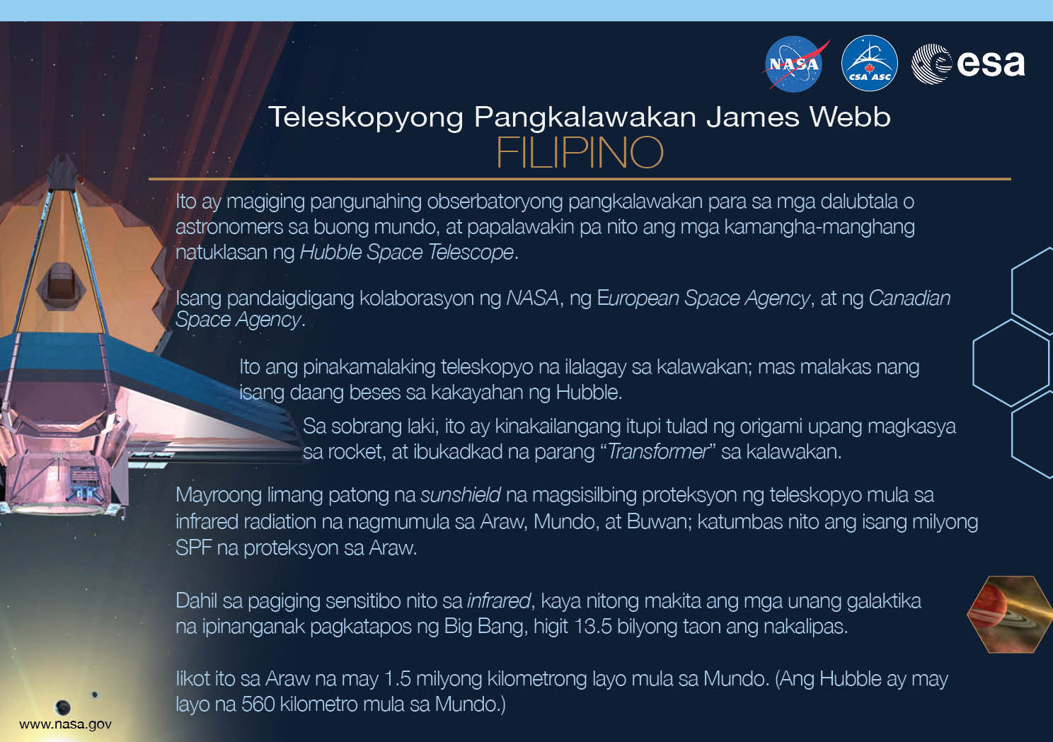 Image containing key facts about the James Webb Space Telescope with the entire image written in the Filipino language. The image has a title equivalent to "JAMES WEBB SPACE TELESCOPE" with a subtitle of the language that it is written. The key facts listed in the image (in the specified language) are: [Line 1] Will be the premier space observatory for astronomers worldwide, extending the tantalizing discoveries of the Hubble Space Telescope. [Line 2] An international collaboration among NASA, the European Space Agency, and the Canadian Space Agency. [Line 3] The largest telescope ever placed in space; 100 times more powerful than Hubble. [Line 4] So big it has to fold origami-style to fit in the rocket and will unfold like a “Transformer” in space. [Line 5] Has a 5-layer sunshield that protects the telescope from the infrared radiation of the Sun, Earth, and Moon; like having sun protection of SPF 1 million. [Line 6] With unprecedented infrared sensitivity, it will peer back in time over 13.5 billion years to see the first galaxies born after the Big Bang. [Line 7] Will orbit the Sun 1.5 million kilometers from the Earth. (Hubble orbits 560 kilometers above the Earth.)