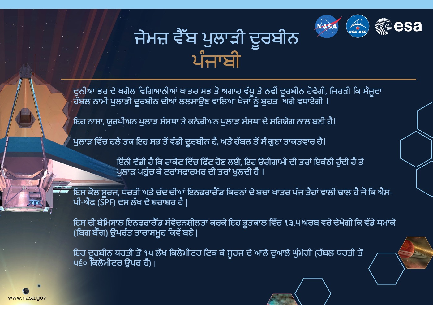 Image containing key facts about the James Webb Space Telescope with the entire image written in the Punjabi language. The image has a title equivalent to "JAMES WEBB SPACE TELESCOPE" with a subtitle of the language that it is written. The key facts listed in the image (in the specified language) are: [Line 1] Will be the premier space observatory for astronomers worldwide, extending the tantalizing discoveries of the Hubble Space Telescope. [Line 2] An international collaboration among NASA, the European Space Agency, and the Canadian Space Agency. [Line 3] The largest telescope ever placed in space; 100 times more powerful than Hubble. [Line 4] So big it has to fold origami-style to fit in the rocket and will unfold like a “Transformer” in space. [Line 5] Has a 5-layer sunshield that protects the telescope from the infrared radiation of the Sun, Earth, and Moon; like having sun protection of SPF 1 million. [Line 6] With unprecedented infrared sensitivity, it will peer back in time over 13.5 billion years to see the first galaxies born after the Big Bang. [Line 7] Will orbit the Sun 1.5 million kilometers from the Earth. (Hubble orbits 560 kilometers above the Earth.)