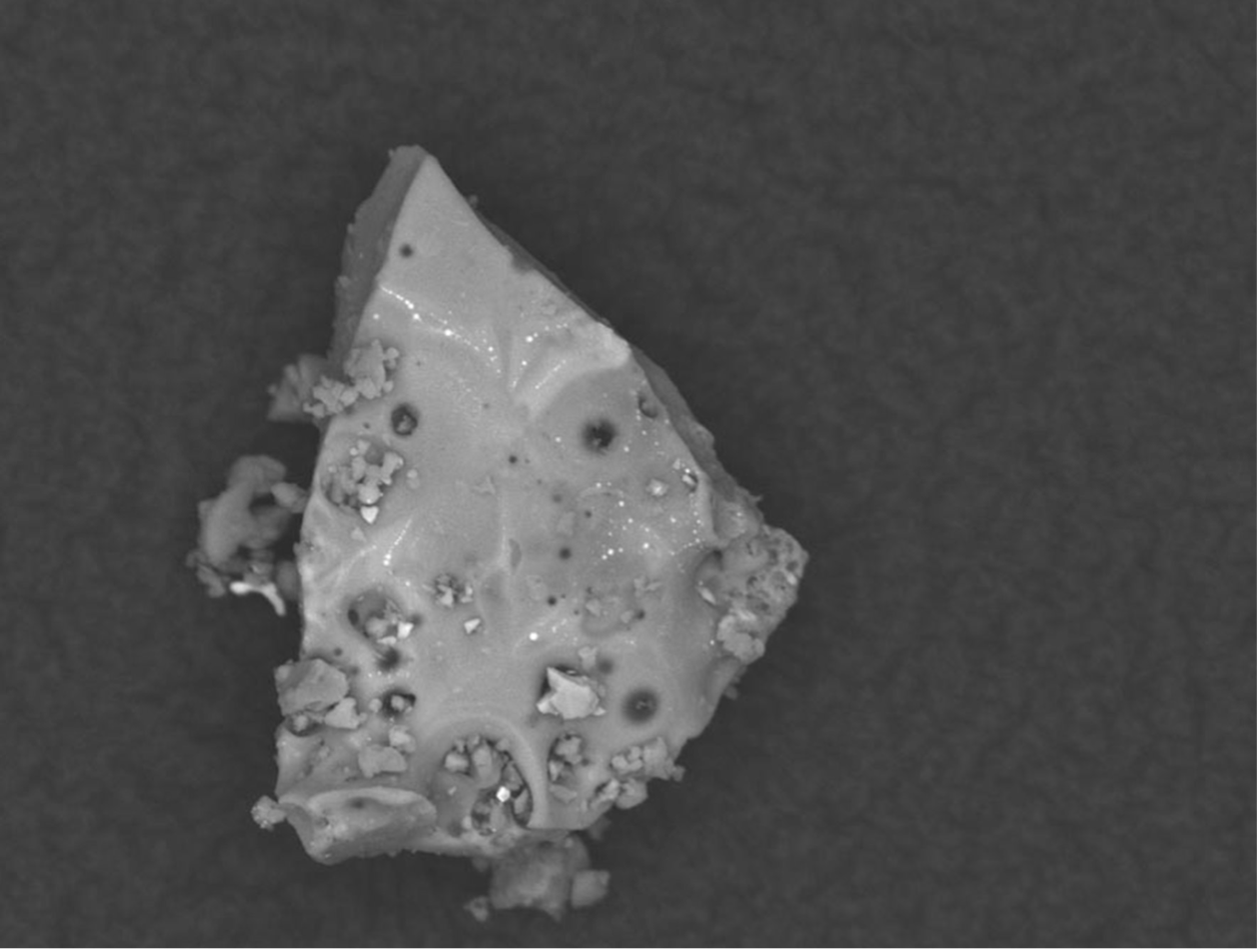 A gray triangular fragment with jagged edges sits in the middle of a darker gray backdrop. The fragment’s uneven surface has small granules scattered across it.