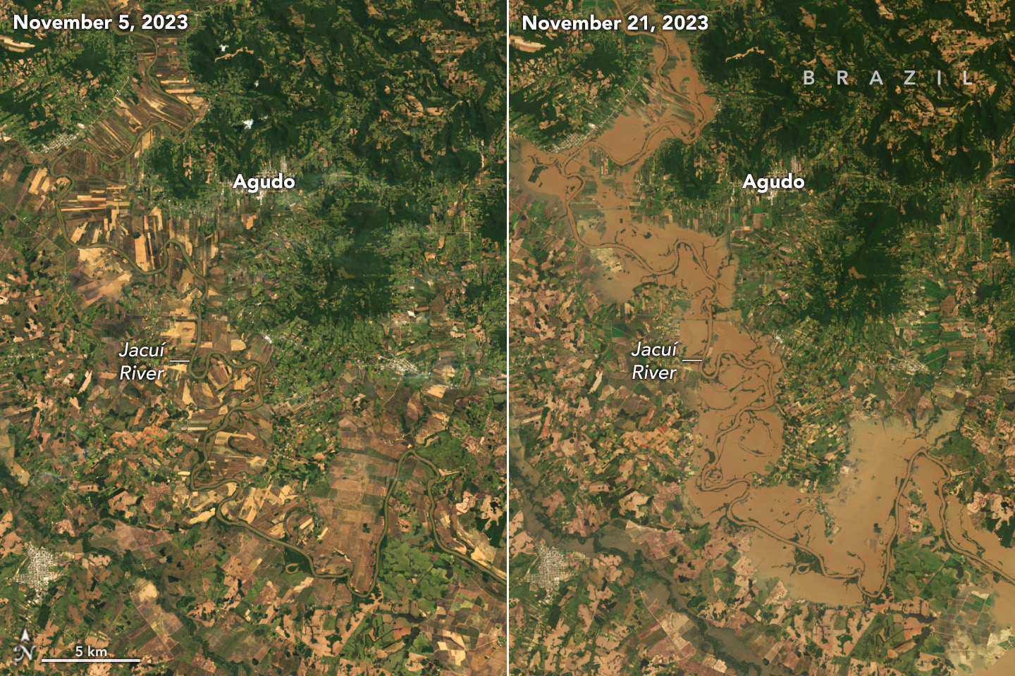 In November 2023, unusually heavy rainfall swamped southern Brazil. Meteorologists attributed the increased intensity and frequency of rainfall events in the region mostly to El Niño. The left image shows the same area during more typical conditions.