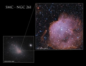 On the right, a large image of NGC 261 shows thousands of stars that fill black space, with a glowing, nebulous cloud of pink dominating most of the lower right half of the view. White lines connect this image to a wider view on the lower left, showing a diffuse, pinkish galaxy. White text above it reads “SMC - NGC 361”.