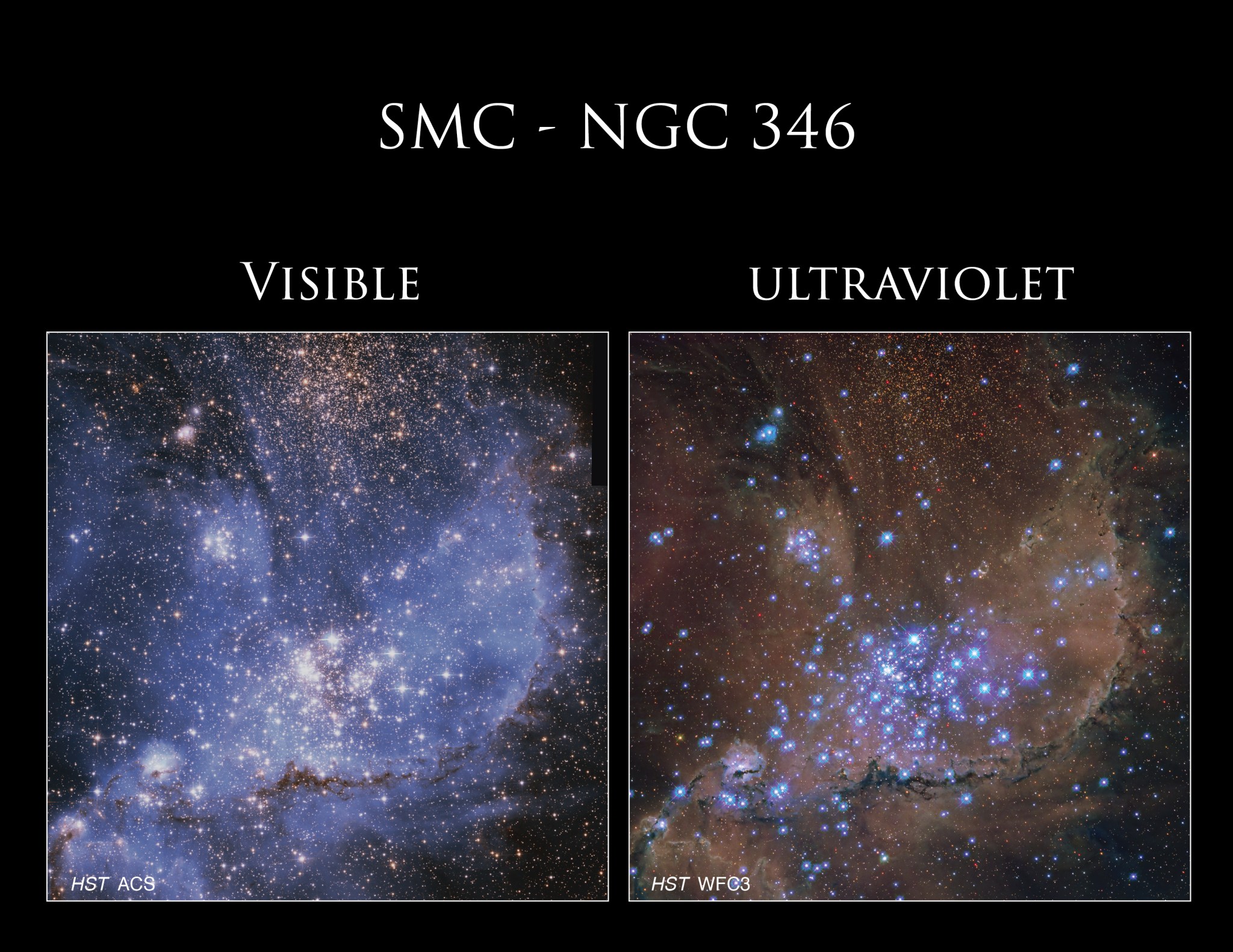 Two images of NGC 346 side-by-side. The left image shows NGC 346 in visible light, with the cluster of white stars shining against blue nebulosity. The right image shows it in ultraviolet light, with a grouping of large, glowing, and purplish stars dominating the image’s center. Dark ridges of gas and dust are visible around them, with more background stars crowding the view. White text above both images reads “SMC - NGC 346”.