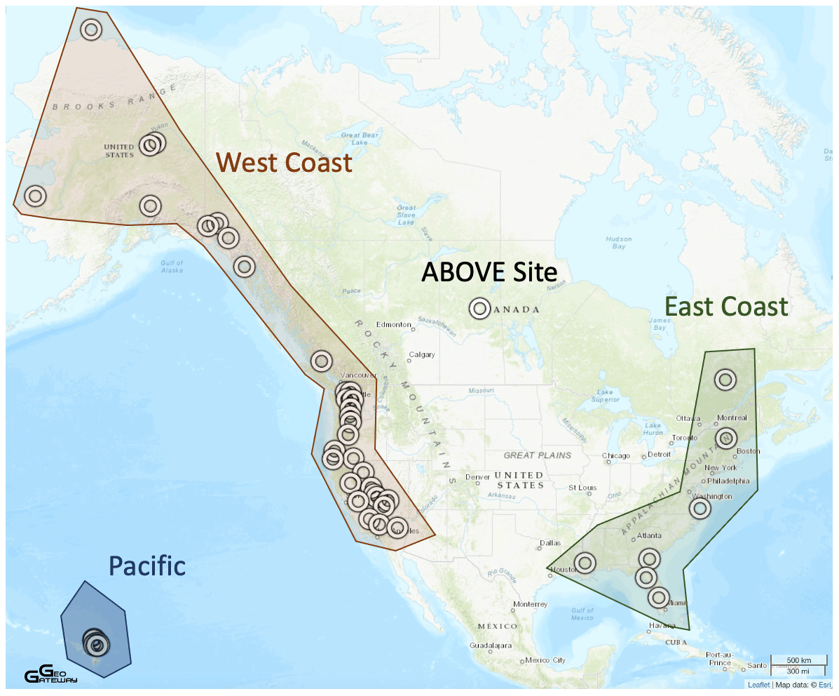 Map of the United States with Hawaii, the West Coast, and East Coast covered in highlighted in blocks with circles scattered through those regions.