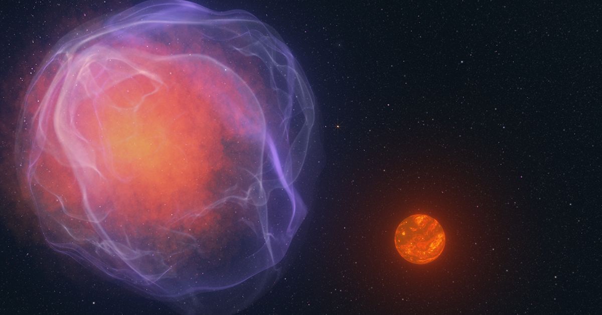 In this artist's concept, against a black background with tiny distance stars, at left is a fluffy large orange sphere is surrounded by purple translucent whisps representing an exploded white dwarf. At right is much smaller orange ball representing CWISE J1249, which is a low-mass star or brown dwarf. 