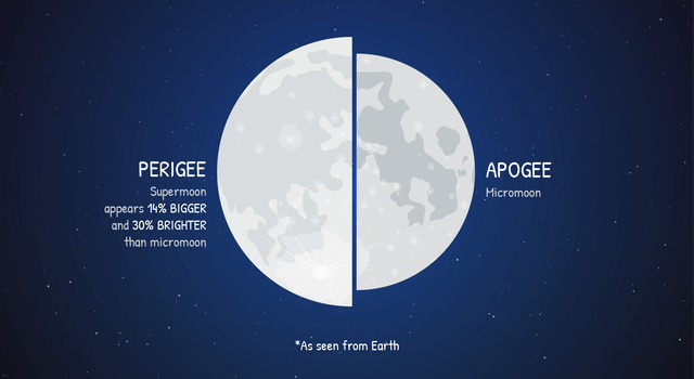 illustration of the Moon at perigee and apogee as seen from Earth