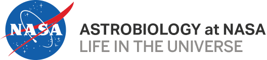 Logo for Astrobiology at NASA, featuring the NASA emblem with a red swoosh over a blue circle filled with stars, along with the text 'ASTROBIOLOGY at NASA LIFE IN THE UNIVERSE' in white and blue letters.