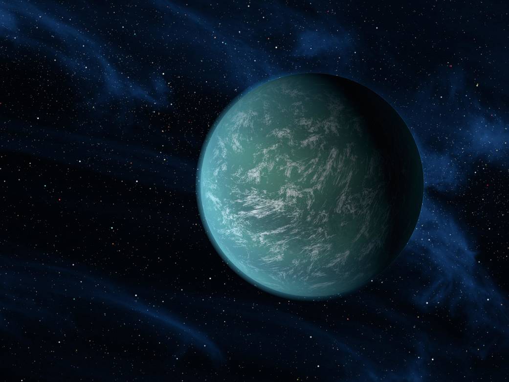 This image is a digital artwork representation of a planet in outer space. The planet appears as a large, spherical object on the right side of the image, displaying a greenish hue with wispy, cloud-like patterns on its surface. It is set against a backdrop of deep, dark space filled with tiny, twinkling stars. Faint blue nebulae or cosmic dust clouds stretch across the background, adding depth and a sense of vastness to the scene. The overall ambiance of the image conveys a sense of mystery and the expansive nature of the universe.