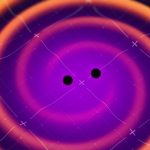 Two black holes orbit each other against a purple-pink background. They create a spiral of yellow-orange gravity waves as move in their orbits.