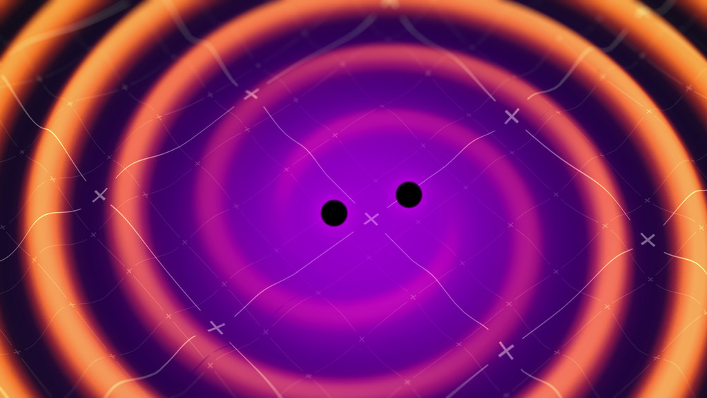 Two black holes orbit each other against a purple-pink background. They create a spiral of yellow-orange gravity waves as move in their orbits.