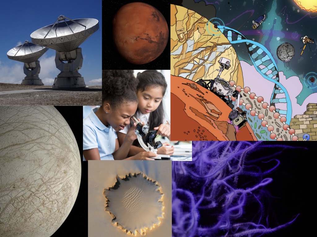 This image collage includes various elements related to astrobiology and space exploration. It features large satellite dishes used for communication or observation, the planet Mars, a comic-style illustration of a Mars rover exploring the planet with DNA strands, two young girls using a microscope in a scientific experiment, the icy surface of Europa, a Martian crater, and purple-colored biological filaments resembling microscopic organisms. The imagery emphasizes scientific inquiry, space exploration, planetary science, and the search for life beyond Earth.