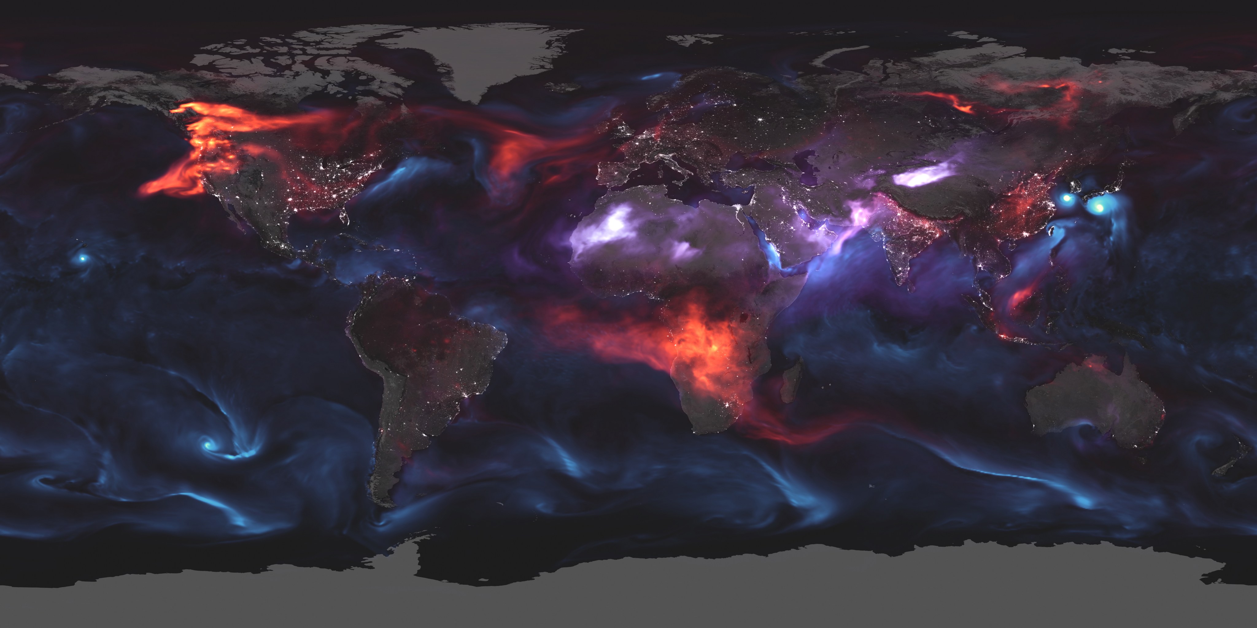 A global map of aerosols showing dust, smoke, and sea salt particles in different colors moving across Earth's atmosphere, from NASA's GEOS-FP computer model.