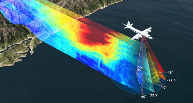 Image of a plane with casting a colorful beam, symbolizing data findings, down to the ocean below.