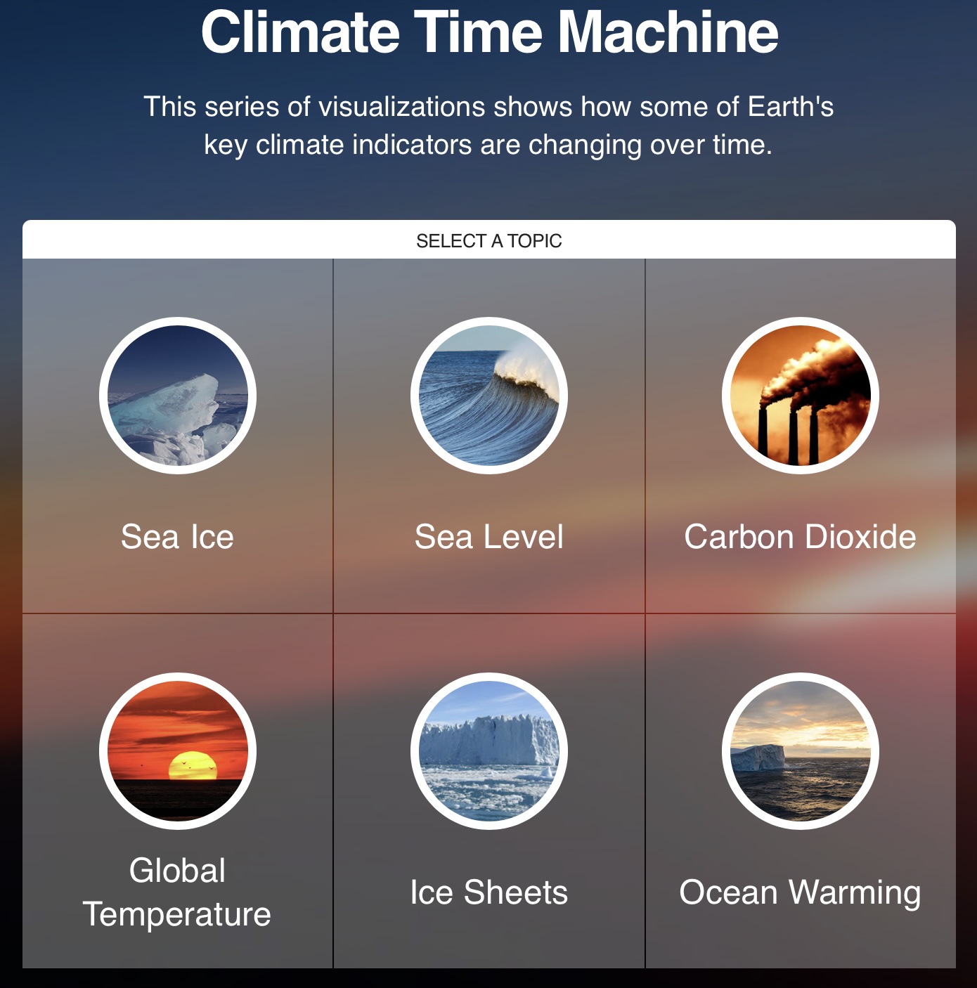 Text Climate Time Machine with circles of images and additional text.