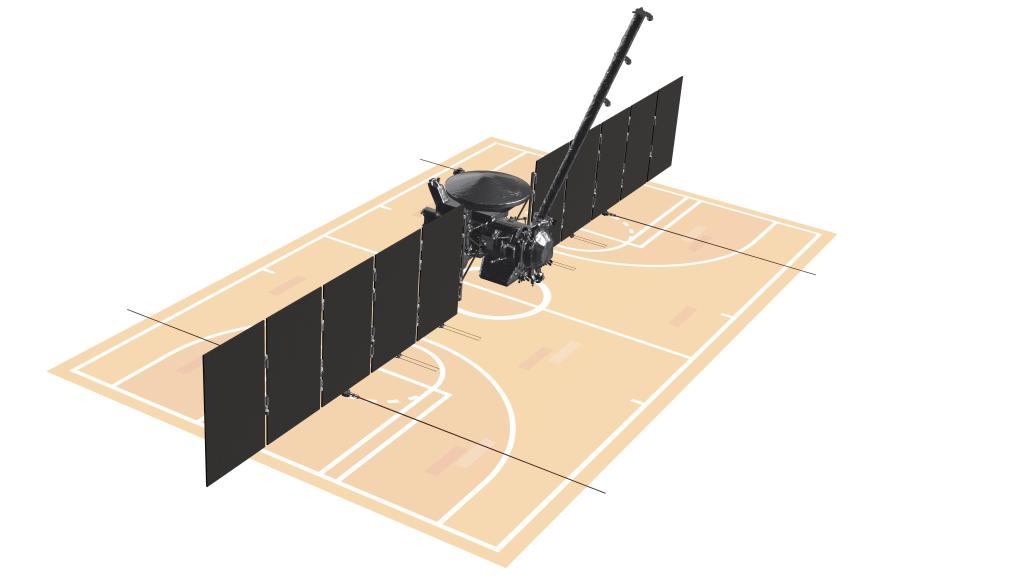 A gray model of Europa Clipper hovers above a yellowish orange illustration of a basketball court.