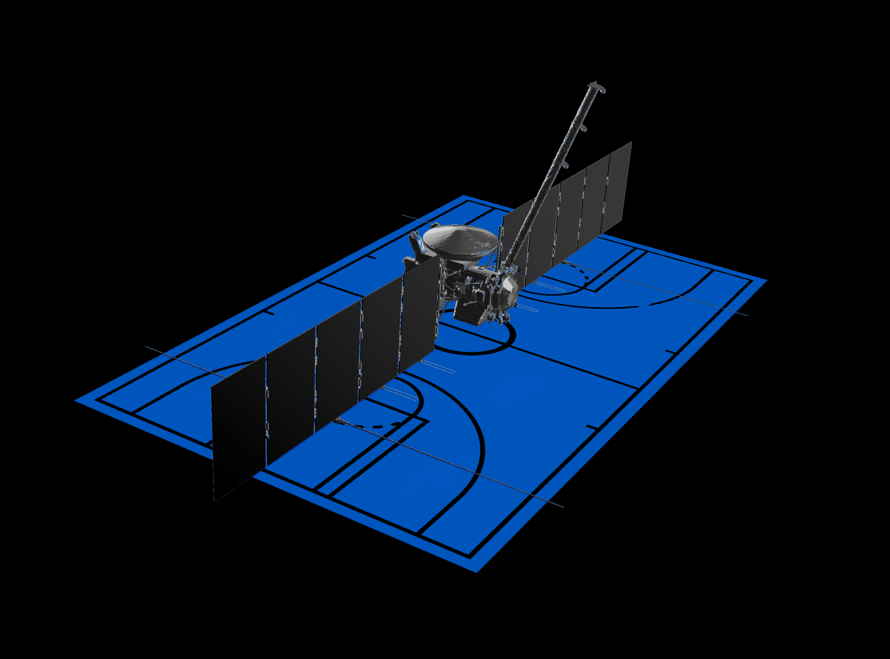 A dark gray illustration of Europa Clipper sits on a bright blue basketball court.