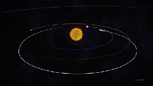An animation showing a shiny, silver Europa Clipper on its journey the Jupiter.