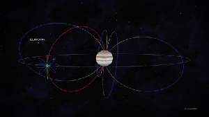 An animation showing bright blue bands indicating the radiation Europa Clipper must endure.
