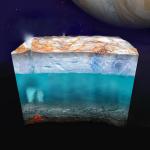 A side view of what Europa what look like if we could slice into it. There's beige, and white crust with reddish streaks and plumes erupting. Below the crust is a blue ocean on top of a brown crust with a reddish hotspot in the lower left corner.