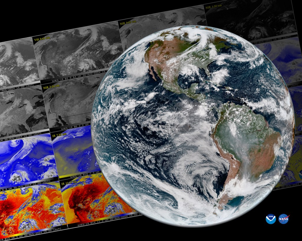 A full disk (view of the entire earth ) showing the western hemisphere as seen from GOES 19 is composited over top of a grid of 16 images from the 16 different channels of GOES ABI instrument data.