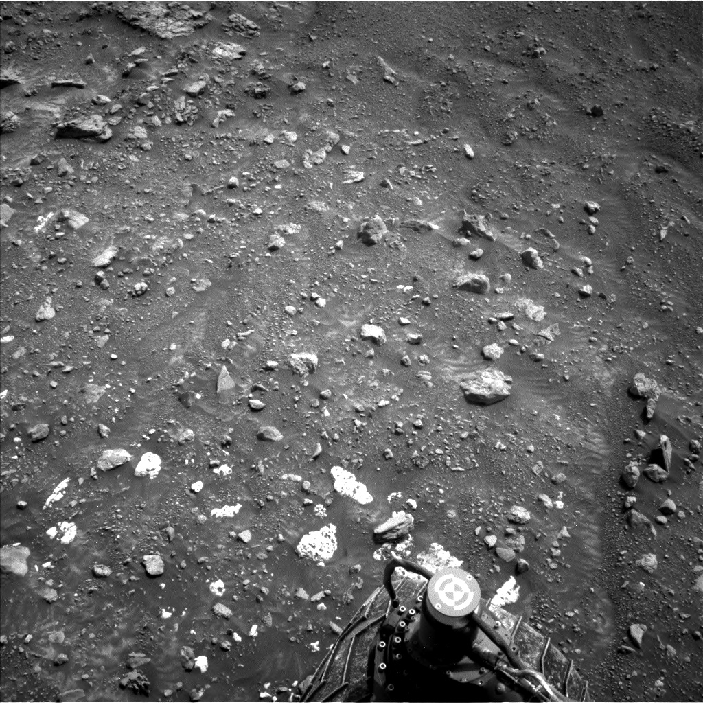 A grayscale image of the Martian surface shows uneven dark gray terrain dotted with several small, light-toned, almost whitish rocks. A few of the In the lower part of the frame about a half-dozen of the bright rocks are visible in the frame just above one of the rover's wheels, seen from overhead.