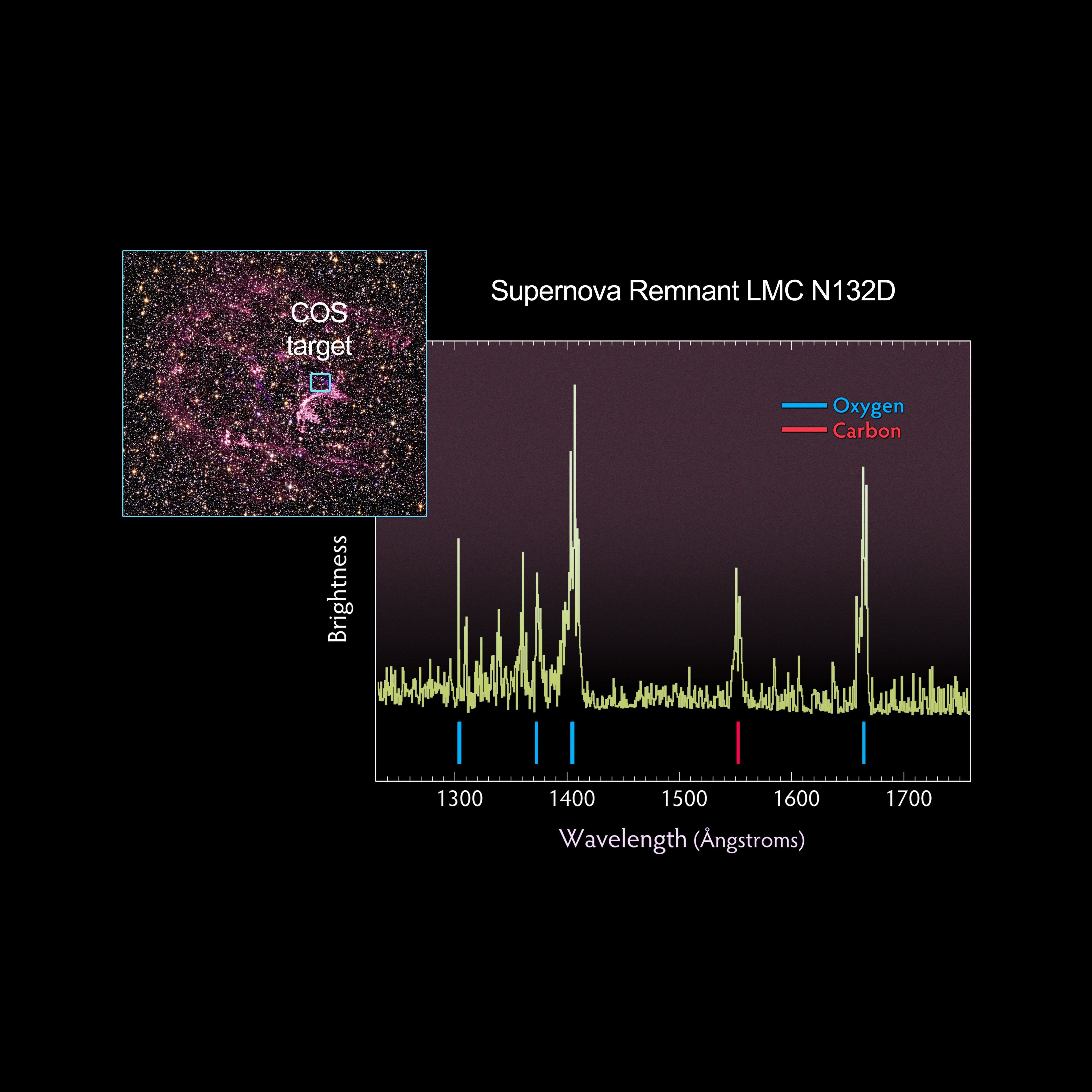 Upper left: an image of a supernova remnant. It appears as a pinkish-purple cloud against a starry background. Right two-thirds of the image holds a spectrum that reveals lines of oxygen and carbon.