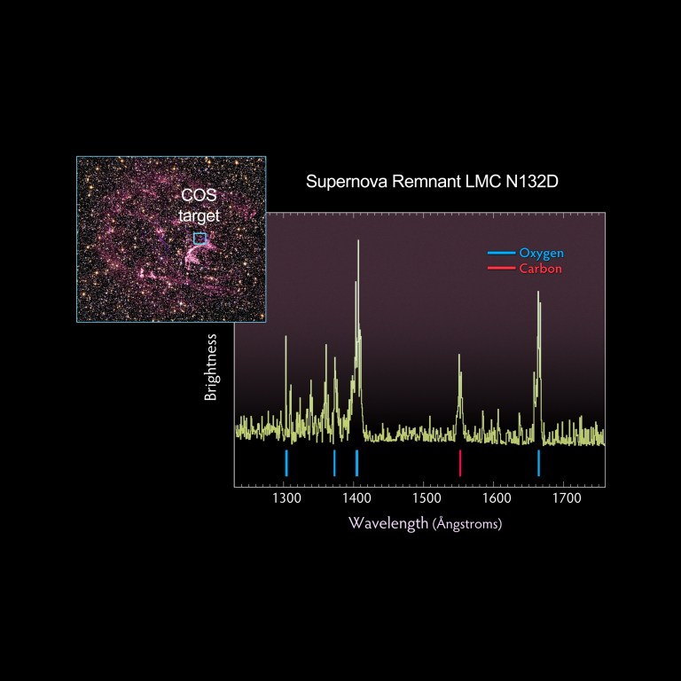 Upper left: an image of a supernova remnant. It appears as a pinkish-purple cloud against a starry background. Right two-thirds of the image holds a spectrum that reveals lines of oxygen and carbon.