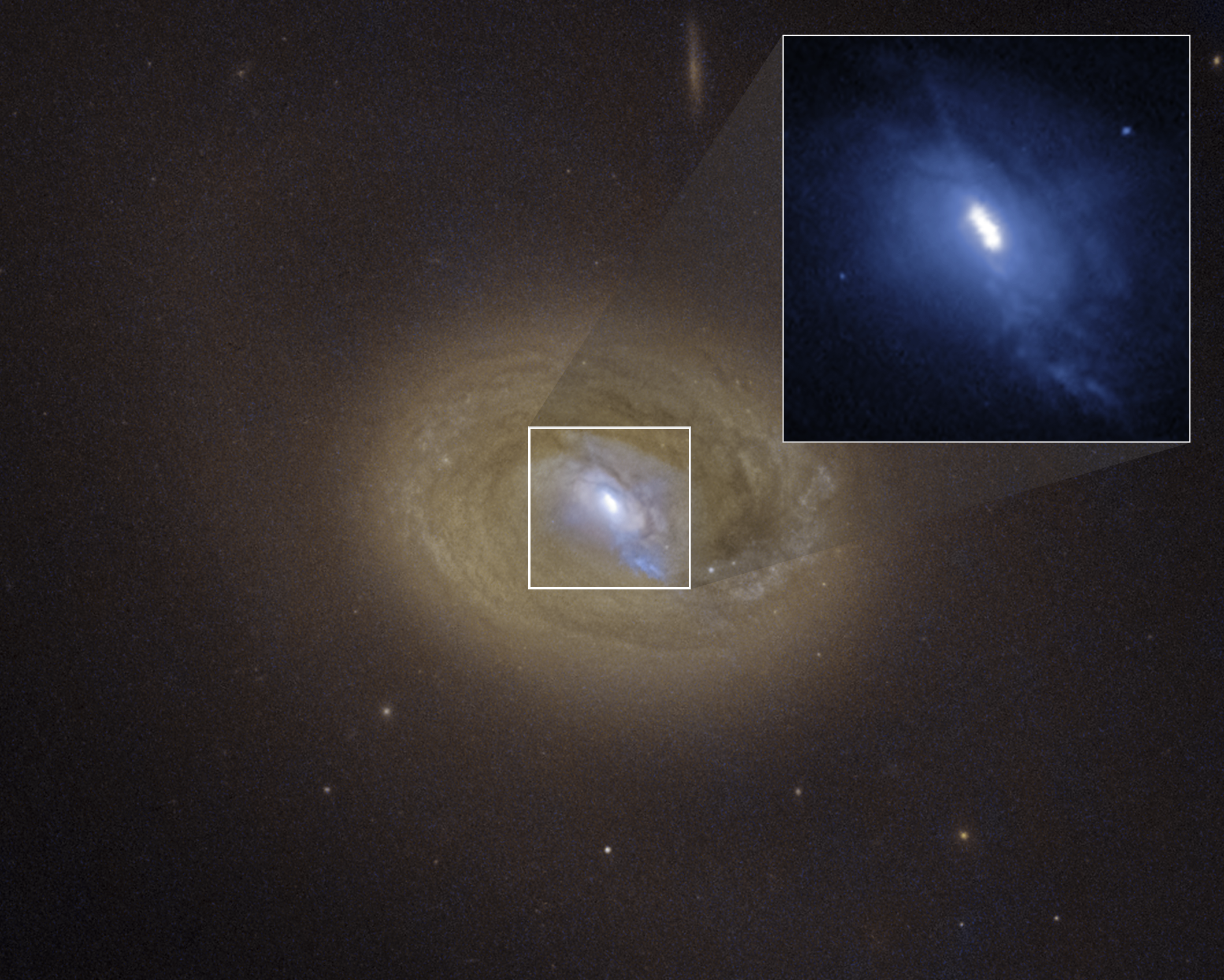 A Hubble Space Telescope visible-light image of the galaxy MCG-03-34-064 that appears as an orange spiral. It has a blue center (expanded in an inset image at upper right) with three bright spots embedded in a white ellipse at the galaxy's center. Two of these bright spots are the source of strong X-ray emission, a telltale sign that they are supermassive black holes converting matter to energy.