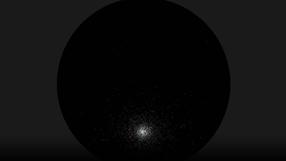 A simulated globular cluster at bottom center against a black background.