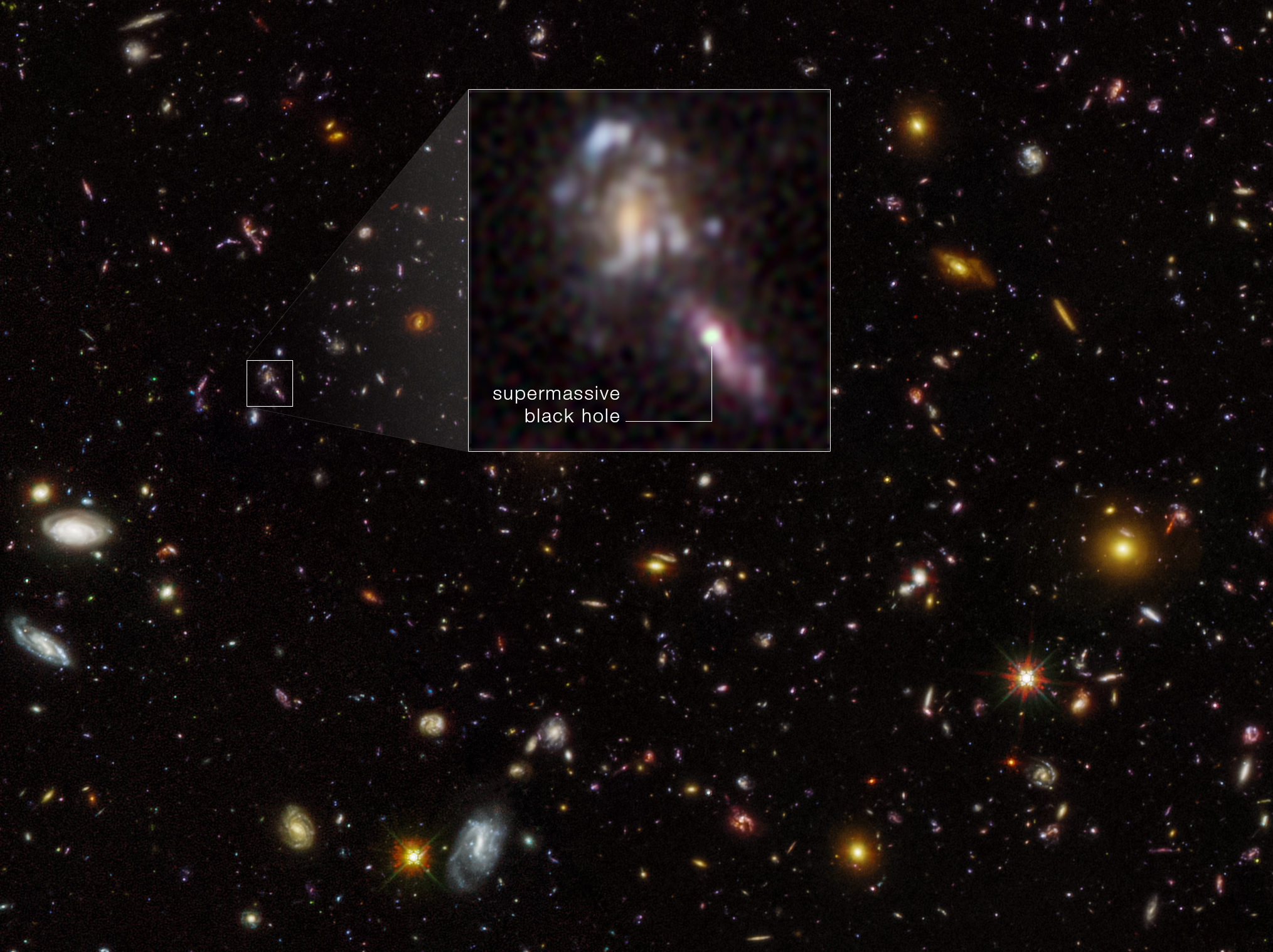 A black background of space, sprinkled with thousands of galaxies of all shapes and sizes. In the middle of the picture is an inset box showing a closeup of a pair of galaxies from the background. The larger galaxy is spiral-shaped. The other is spindle-shaped because the galaxy is seen edge-on. The smaller galaxy has a line that points to the words supermassive black hole; connects to a bright white spot in the middle of it.