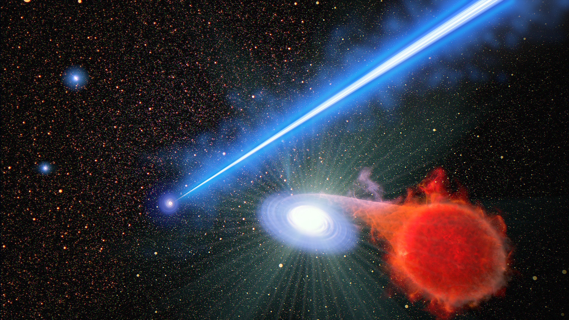 An artist's concept looks down into the core of the galaxy M87, which is just left of center and appears as a large blue dot. A bright blue-white, narrow and linear jet of plasma transects the illustration from center left to upper right. It begins at the source of the jet, the galaxy’s black hole, which is surrounded by a blue spiral of material. At lower right is a red giant star that is far from the black hole and close to the viewer. A bridge of glowing gas links the star to a smaller white dwarf star companion immediately to its left. Engorged with infalling hydrogen from the red giant star, the smaller star exploded in a blue-white flash, which looks like numerous diffraction spikes emitted in all directions. Thousands of stars are in the background.