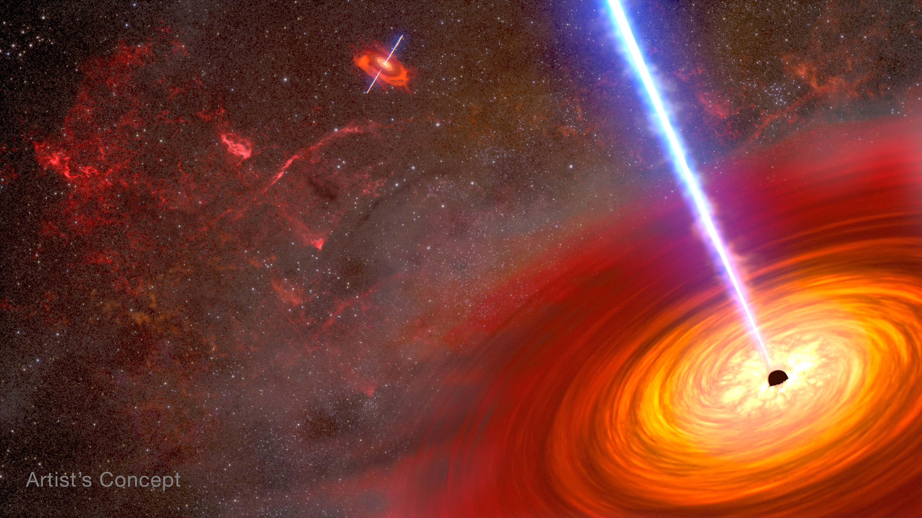 Artist's depiction of a pair of active black holes at the heart of two merging galaxies. One distant black hole is at upper left, and a foreground black hole is at lower right.