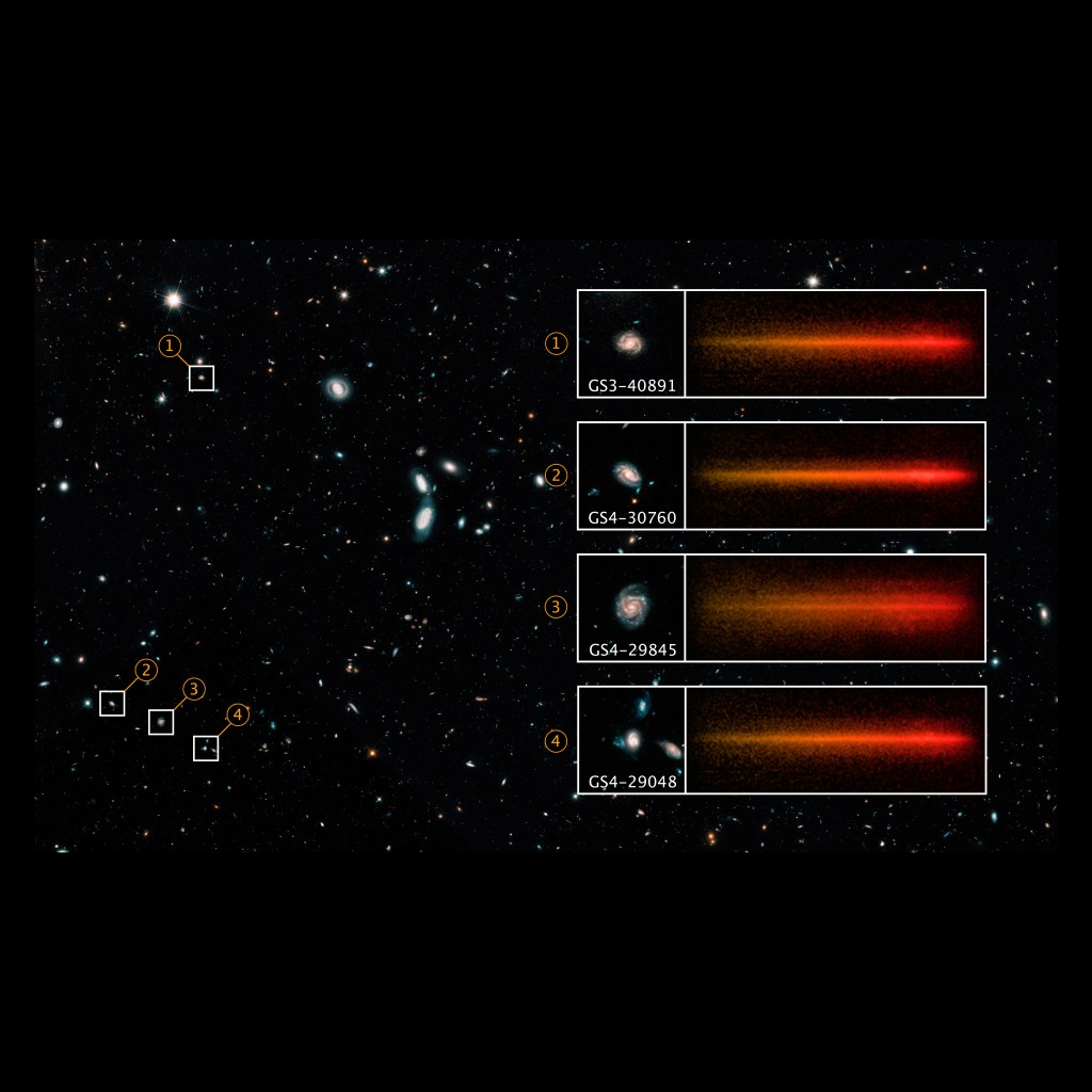 A field of galaxies against a black background. Several distant galaxies are highlighted and numbered. Views of those galaxies are expanded on the right with their spectra extending further to the right of the images.