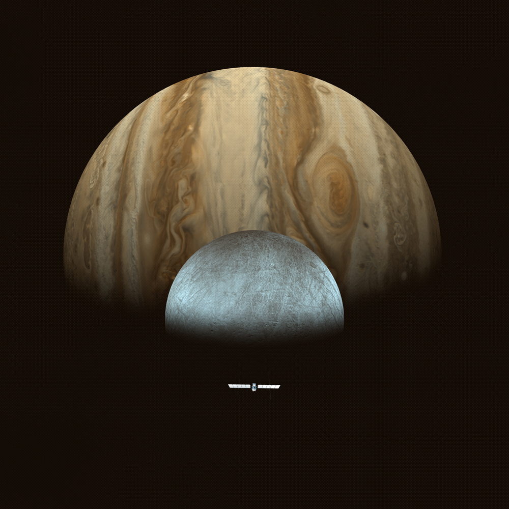 An artist's concept showing a silver, shiny Europa Clipper spacecraft in front of a silver Europa. Europa has pale, reddish streaks. Jupiter is behind Europa. In this illustration, Jupiter's beige, than, and reddish stripes run vertical. Jupiter's Great Red Spot also is shown.