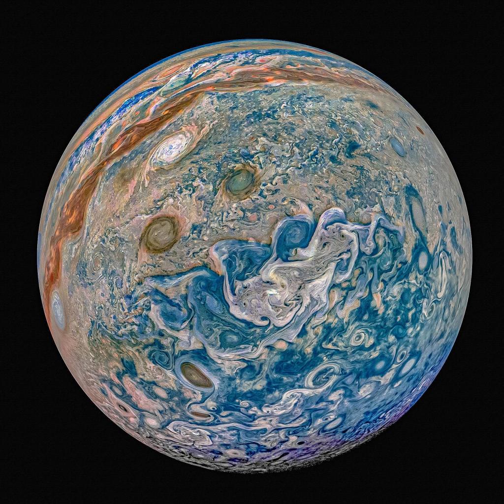 Citizen scientist Prateek Sarpal created this image showing Jupiter's stripes as deep blues, purple, orange, pink, and tan.