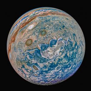 Citizen scientist Prateek Sarpal created this image showing Jupiter's stripes as deep blues, purple, orange, pink, and tan.