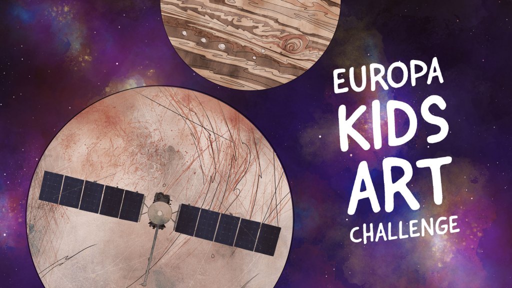 An illustration promoting NASA Kids Art Challenge. It has purple background with lighter stellar clouds that are gold and blue. An illustration of Jupiter is up top and center. Europa is below, and to the left of Jupiter. Both the planet and the moon are colored in browns, with red and a bit of beige and blue. The illustration has the words "Europa Kids Art Challenge" in white letters to the right of the illustration.