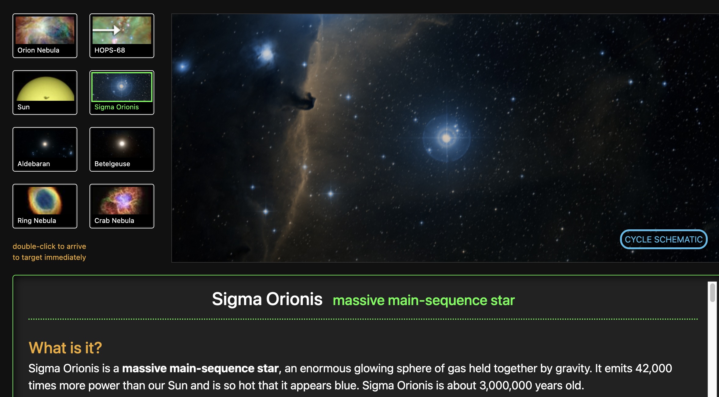 A internet interactive with a menu of different types of stars.