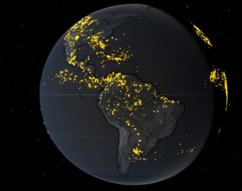 A far distance image of the Americas with a darkened earth and specks of light indicating lightning strikes. They are predominantly over land, fewer in South America than North America. There is also a horizontal line cluster of strikes out into the pacific parallel from the northmost section of South America.