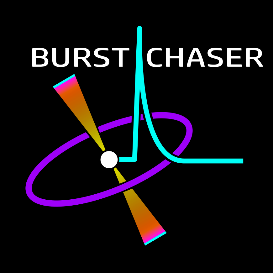 Logo with text 'Burst Chaser' featuring a stylized pulsar with a purple orbit, orange beams, and a bright blue signal spike.