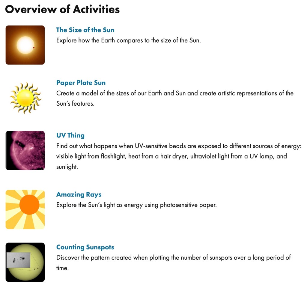 A list of activities with icons showing the Sun.