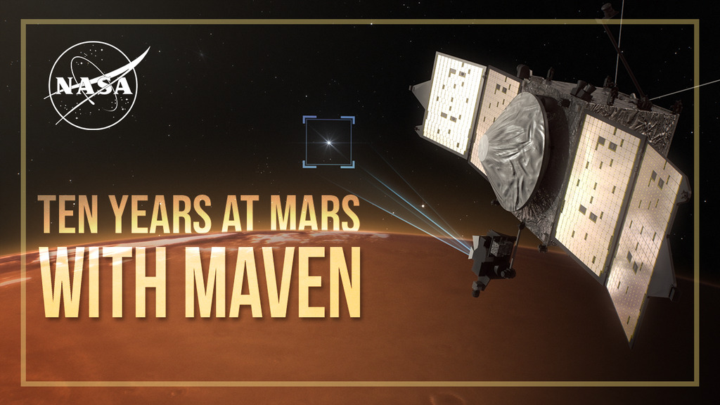 Illustration shows an artist's view of a spacecraft over Mars next to the words, 10 Years at Mars with MAVEN.