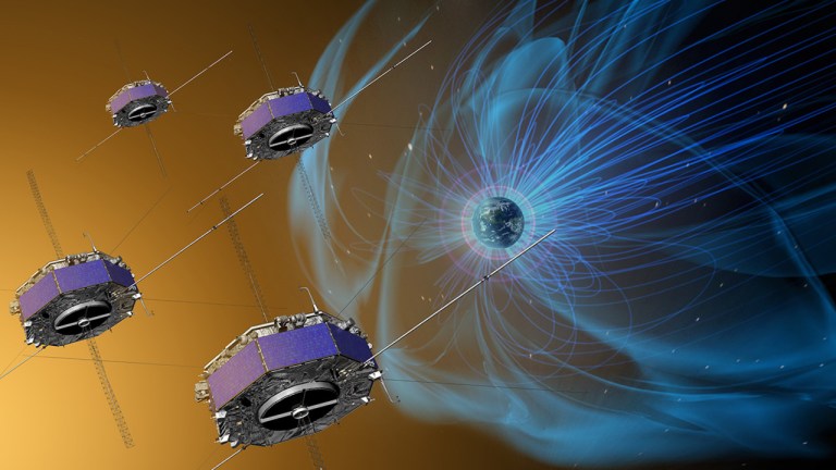 On the left, four identical spacecraft appear in space, against the yellow glow of the Sun, while Earth and its magnetic field appear on the right.