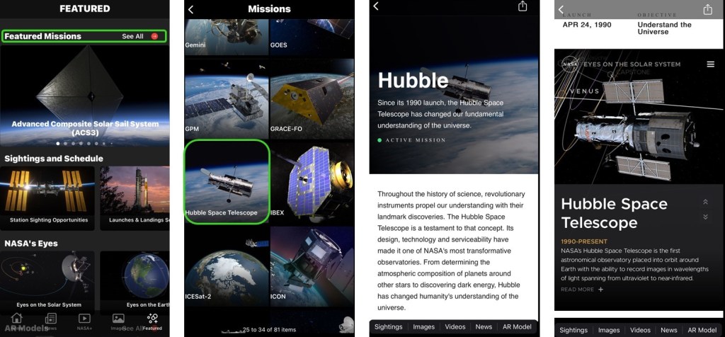 Screenshots from the NASA App.