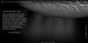 A Screenshot of NASA's Eyes showing the Cassini spacecraft flying through the water jets on Enceladus