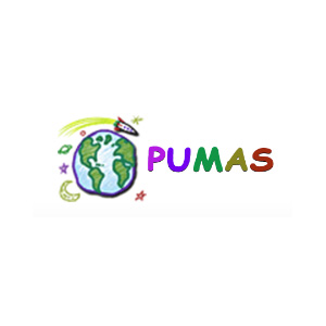 PUMAS logo featuring a colorful drawing of Earth with a rocket and stars, and the word "PUMAS" in vibrant letters.