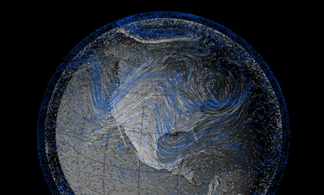 gridded image of earth with layers of dots floating above. The dots also have trails of blue or white that follow weather patterns.