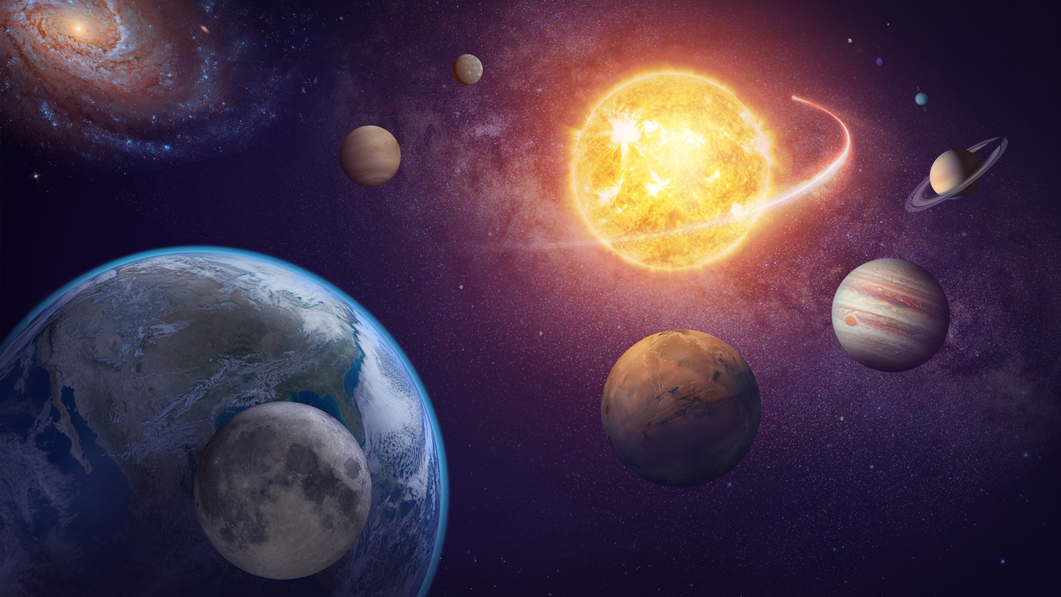 A rendering of the planets throughout the Milky Way galaxy. The sun is in the center, with a streaking meteor rushing nearby. The Moon and Earth are in the bottom left corner. To its orbital left are Mercury and Venus, and to its orbital right are Mars, Saturn, Jupiter, Neptune, Uranus, and Pluto.