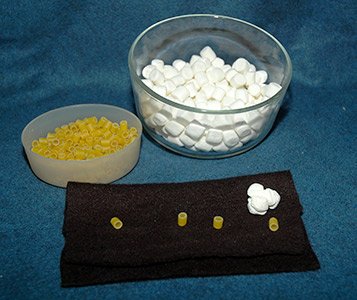 A bowl of marshmallows and a bowl of pasta with a black cloth in front showing the food model.